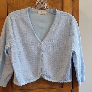 Light Blue Cropped Scalloped-Edge Knit Cardigan